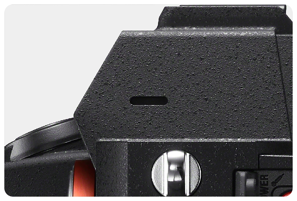 close up of Sony A7 IV integrated microphone slot